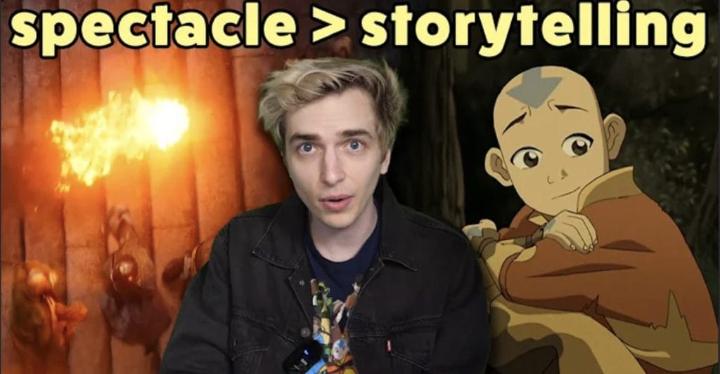 Thumbnail of Drew Gooden in front of a green screened Aang from Avatar The Last Airbender. Text that says "spectacle > story"